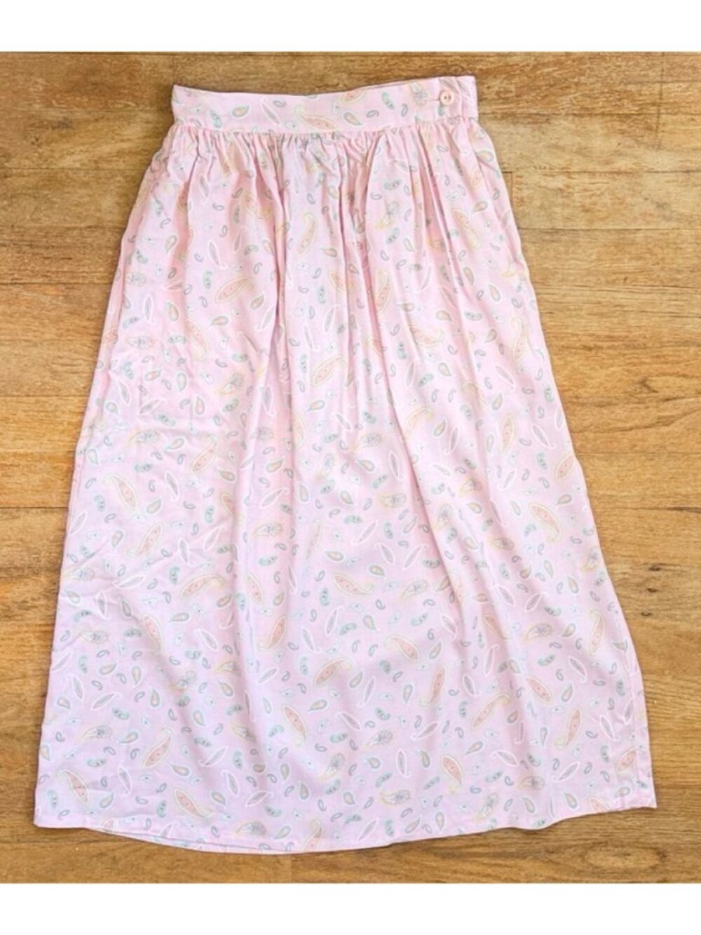 Vintage Pink Paisley Cotton Print Midi Skirt with Pockets Size XS 24" Waist 80s
